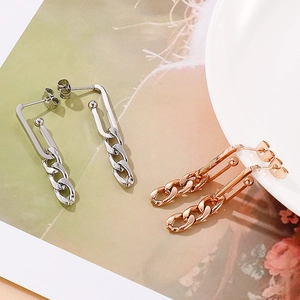 Titanium steel geometric earrings in silver and rose gold with sleek chain accents