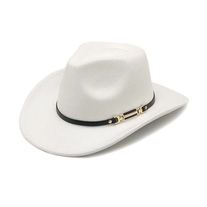Classic white western cowboy hat with black leather band and gold buckle on white background