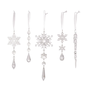 Set of 5 clear acrylic Christmas ornaments including snowflakes and icicles for tree decor