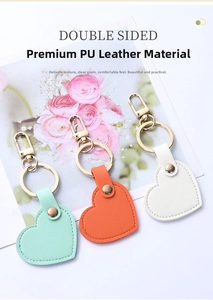 Detail showing heart-shaped PU leather keychains with gold metal rings in three colors