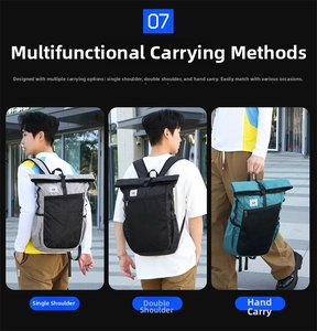 Three-way carry options for travel backpack showing hand-held, single and double shoulder modes