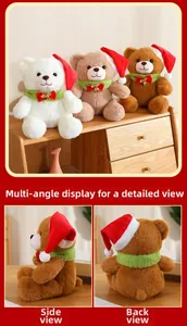 Detail view of Christmas teddy bears in three colors with red hats and green scarves