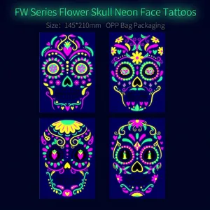 Luminous Day of the Dead face stickers featuring four sugar skull floral tattoo designs