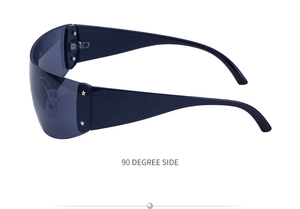 90-degree side view of Y2K rimless sunglasses with metal star detail on the temple
