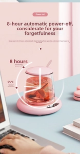 Pink smart cup warmer with 55°C constant temperature and LED display on a desk