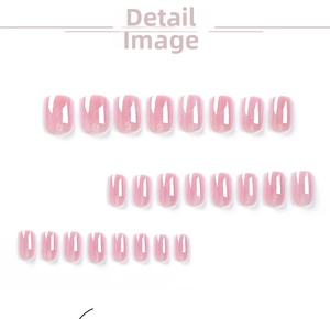 Detail view of 24 pieces of glossy light pink press-on nails in short square shape