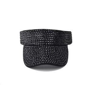 Detailed view of women's black sun visor hat covered in shimmering black rhinestones