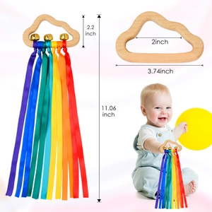 Rainbow ribbon baby rattle with cloud-shaped beech wood handle, bells, and dimensions