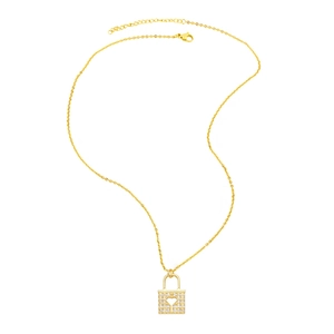 Macro detail of gold lock pendant with pavé crystals and heart cutout on a fine chain
