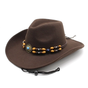 Dark brown wool felt cowboy hat with ethnic beaded band and turquoise stone detail