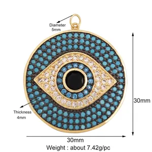 30mm Evil Eye talisman pendant with blue and white zircons on a gold-tone base