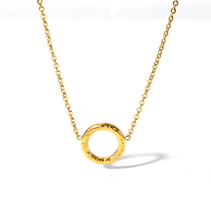 Golden titanium steel necklace with hammered circular pendant and delicate cross chain
