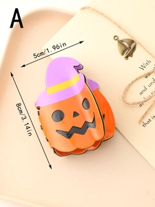 Detailed dimensions of orange pumpkin hair claw clip with purple witch hat for Halloween
