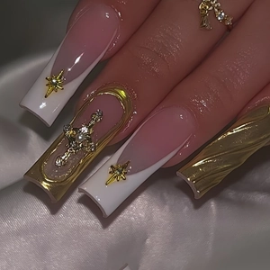 French tip long square press-on nails with 3D metal stars and luxury pearls