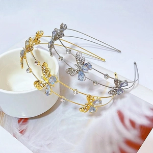Serre-tête double couche avec papillons et zircons bleus scintillants pour femmes