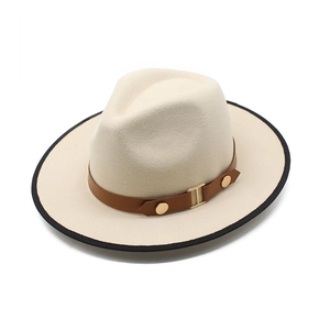 Beige fedora hat with black binding and brown leather belt featuring metal buckle
