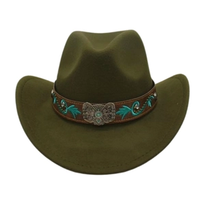 Detail of olive green cowboy hat featuring ornate turquoise embroidery and silver buckle
