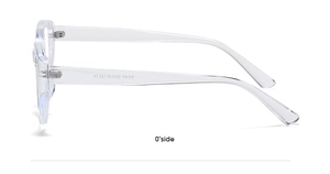 Close-up of clear cat-eye glasses frame with silver metal hinge and model E2161 detail