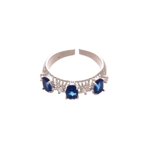 Vintage silver open ring with oval blue gemstones and sparkling cubic zirconia stones