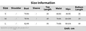 Detailed size chart for women's two-piece crop top and ruched skirt set in centimeters