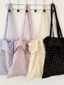 Sac Fourre-Tout Pour Femmes À Imprimé Fleuri Grande Capacité Sac À Épaule En Polyester Avec Bordure À Volants Style Pastoral Doux
