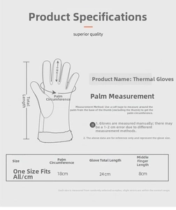 Size chart showing palm circumference and length for winter touch screen gloves