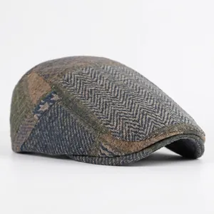 Classic herringbone tweed flat cap for men and women with multi-color patchwork design