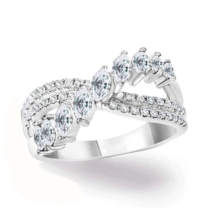 Fashionable copper ring with marquise-cut gems and pavé stones on a silver-tone band