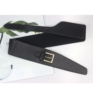 Elastic black waist belt with gold square buckle and PU leather front for dresses