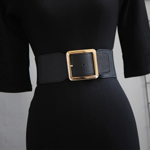 Women wide black elastic waist belt with textured fabric and large golden square buckle