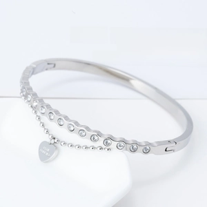 Fashion Stainless Steel Open Bangle For Women Engraved Forever Love Heart Pendant Inlaid Zirconia Adjustable Cuff Bracelet Jewelry