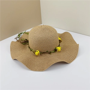 Chapeau De Soleil En Paille À Large Bord Bord Ondulé Décoration Abeille Guirlande Florale Été Plage Vacances Style Pastoral Pour Femmes Filles