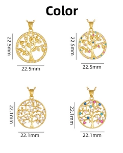Detailed size comparison of golden tree of life pendants with zircon inlays and dimensions