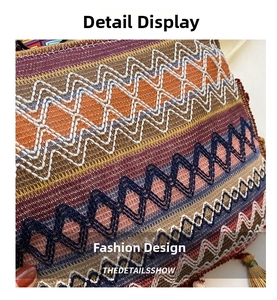 Close-up of bohemian woven pattern with colorful threads and decorative fringe tassels