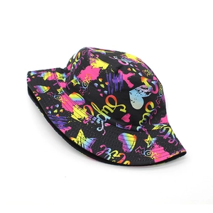 Detail of colorful graffiti print on bucket hat featuring love and heart motifs