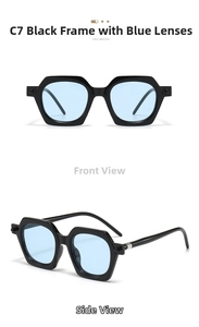 Geometric hexagonal sunglasses in black frame with light blue translucent lenses
