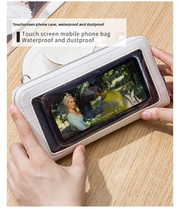 Detail view of beige leather phone bag with transparent PVC touch screen window