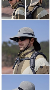 Detail view of quick-dry sun hat with wide brim, neck protection flap, and adjustable cord