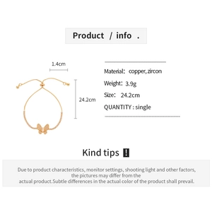 Detailed size chart for adjustable butterfly bracelet with copper and zircon material info