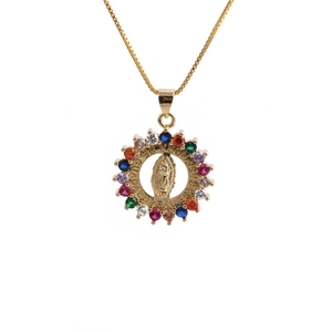 Gold Virgin of Guadalupe pendant necklace with colorful zirconia on a box chain