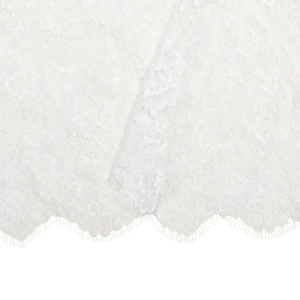 Gros plan sur un tissu de dentelle florale blanche avec bordure délicate en cils