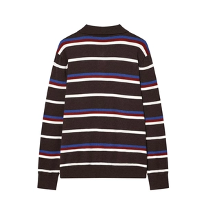 Vista posteriore di un maglione polo in maglia a righe marrone scuro con tocchi
