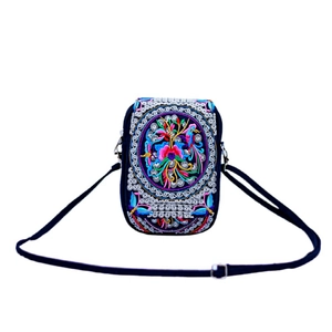 Ethnic embroidery crossbody mini bag in navy blue with floral patterns and strap
