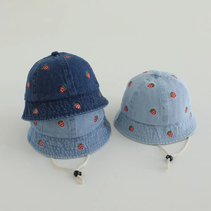 Kids Cotton Denim Bucket Hat Strawberry Capybara Embroidery Adjustable Windproof Outdoor Sun Hat For Baby Toddlers