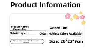 Detailed product specification card for nylon canvas bag showing size and weight