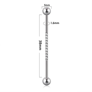 14G 38mm industrial barbell earring with polished silver finish and white zircon stones