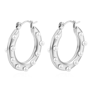 Silver hoop earrings with inlaid white pearls and 18K gold plating for women