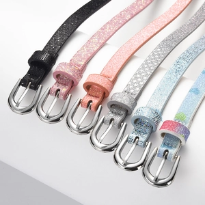 Glittery fashion PU belts for girls with metal pin buckles in five vibrant colors