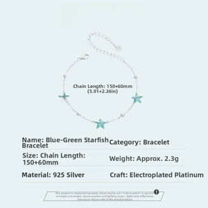 Detailed specs of 925 silver starfish bracelet with blue enamel and platinum plating