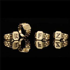Adjustable 18K gold plated copper rings with letters R L F Z and AAA zircon accents